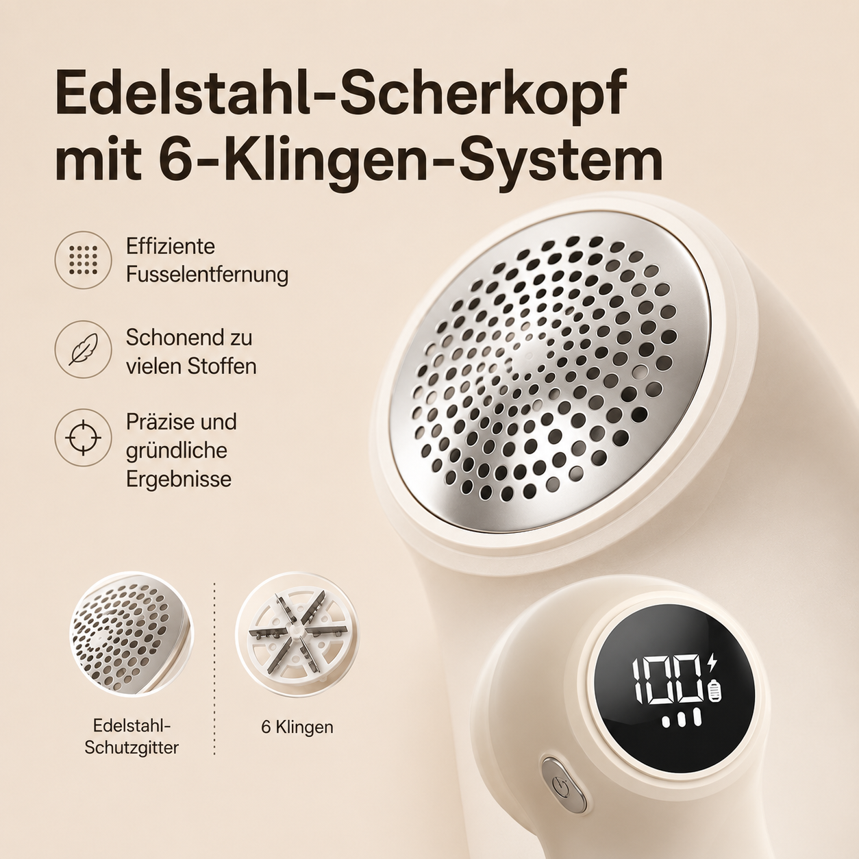 Fusselrasierer mit Edelstahl-Scherkopf, 6 Klingen und digitalem Display auf beige Hintergrund.