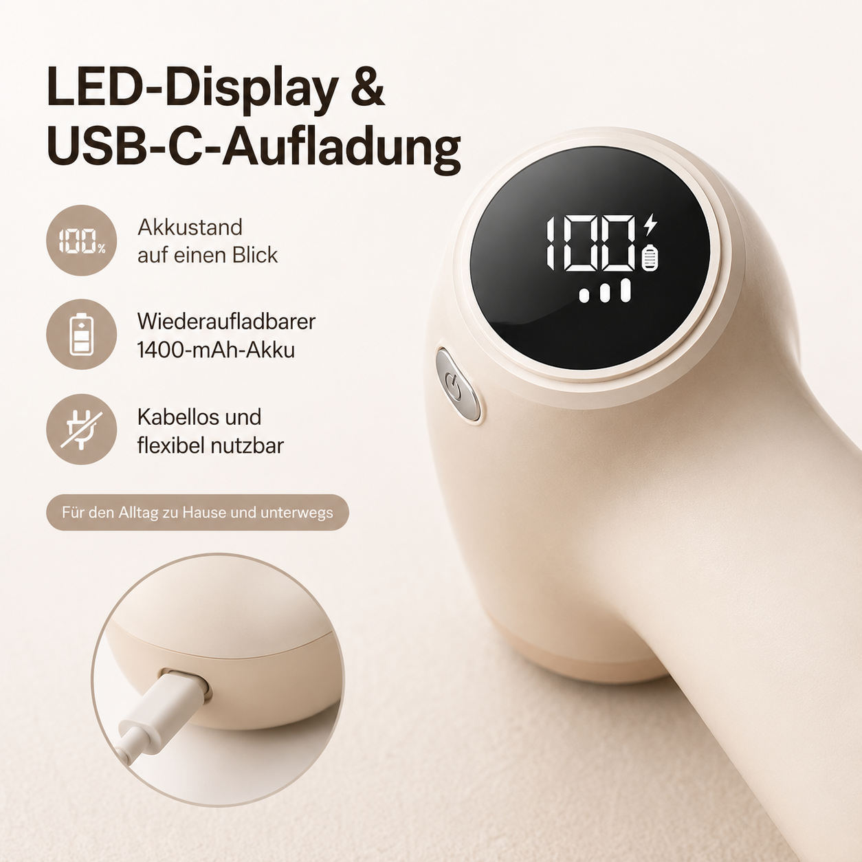 Beige Handgerät mit LED-Display, das 100% Akku anzeigt, und USB-C-Ladeanschluss.