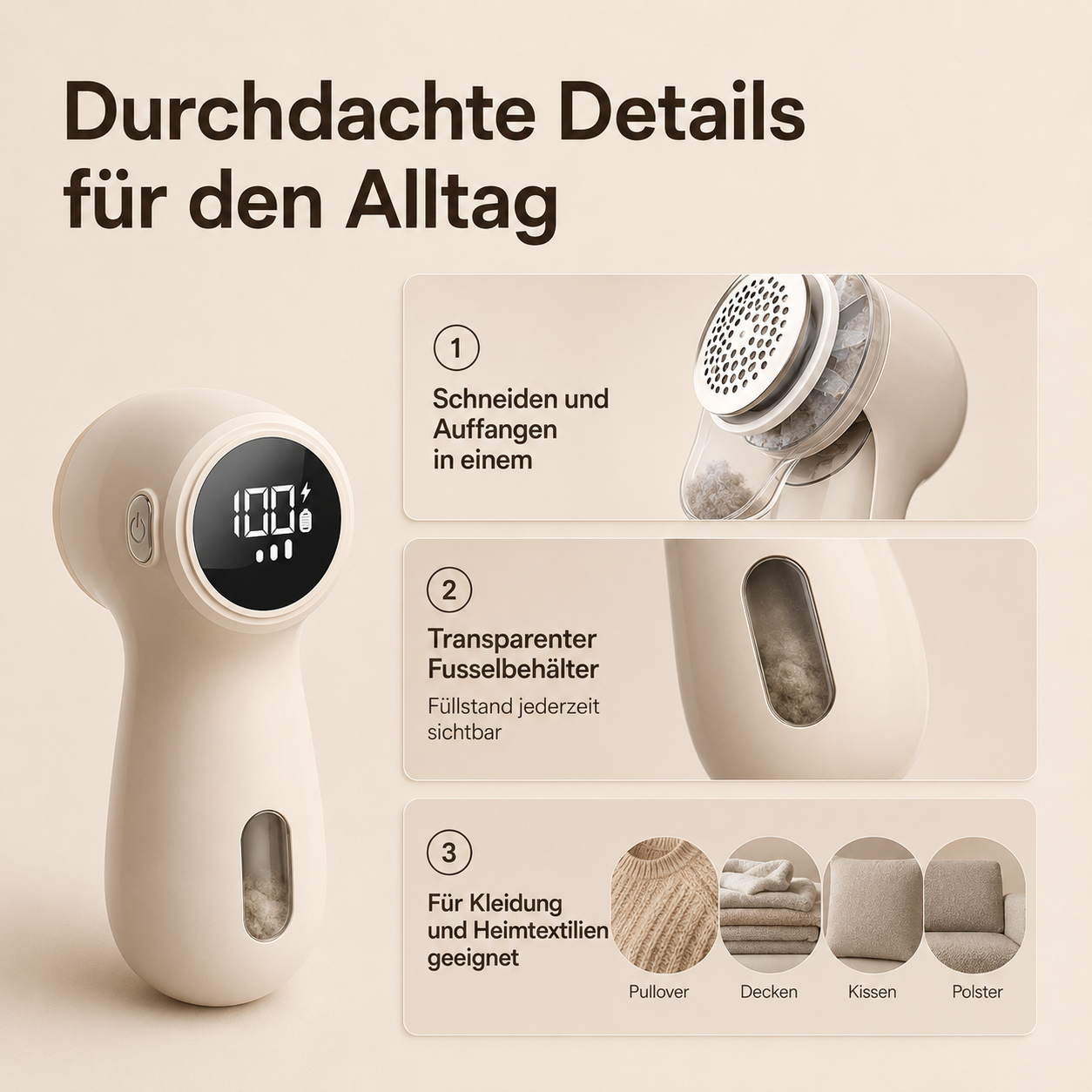 Beige Fusselrasierer mit Display und drei Funktionsdetails für Kleidung.