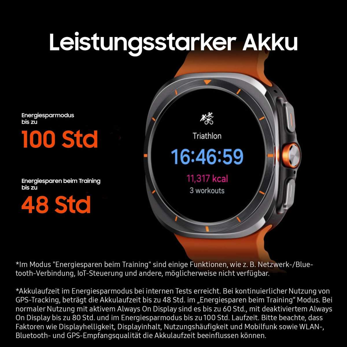 Montre connectée à bracelet orange affiche le mode triathlon, l'heure, les calories et l'autonomie.