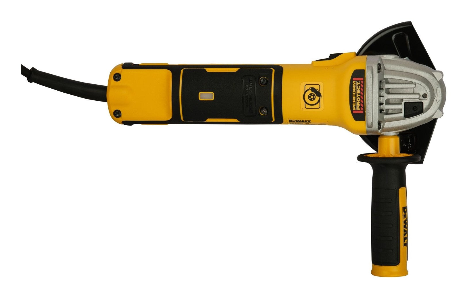 Amoladora angular DeWalt amarilla y negra con mango lateral y cable.