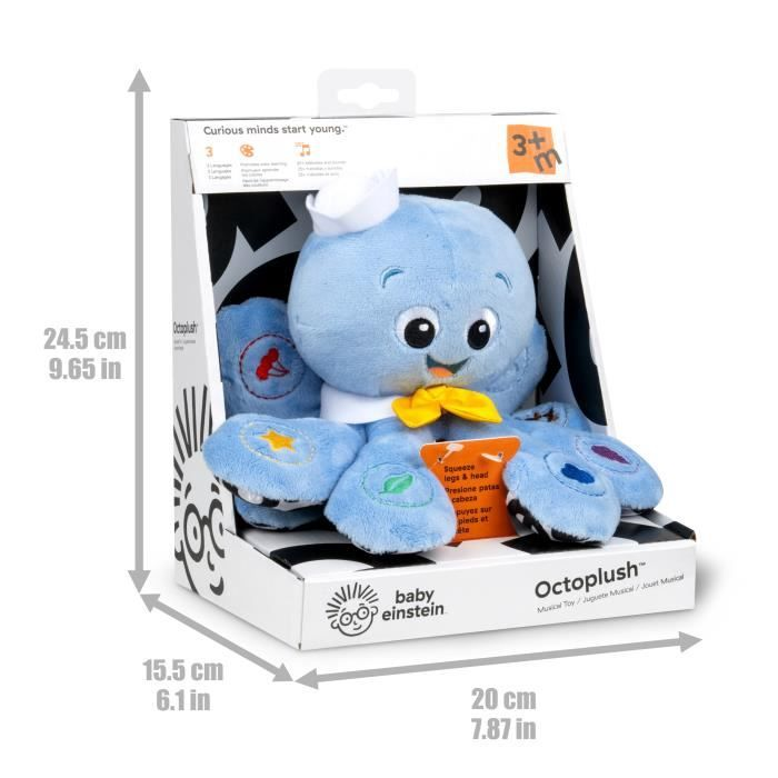 Pulpo de peluche azul Baby Einstein en su caja abierta con dimensiones del producto.