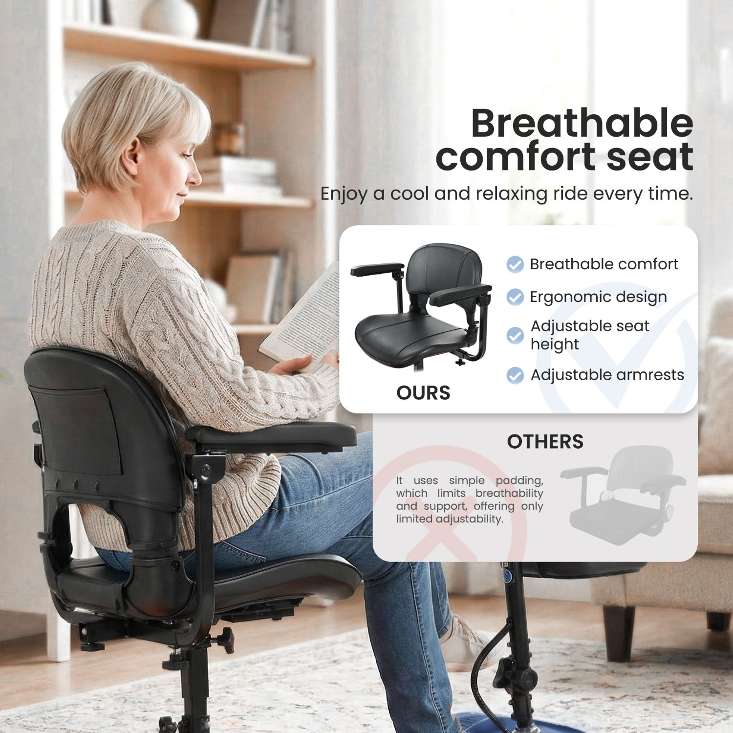 Una mujer se relaja en una silla ergonómica leyendo un libro, junto a un gráfico comparativo de productos.