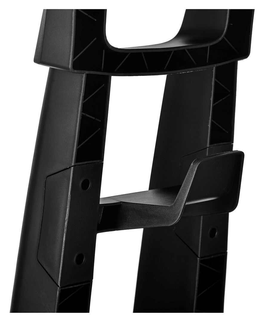 Supporto in plastica nera con bracci di supporto su sfondo bianco.