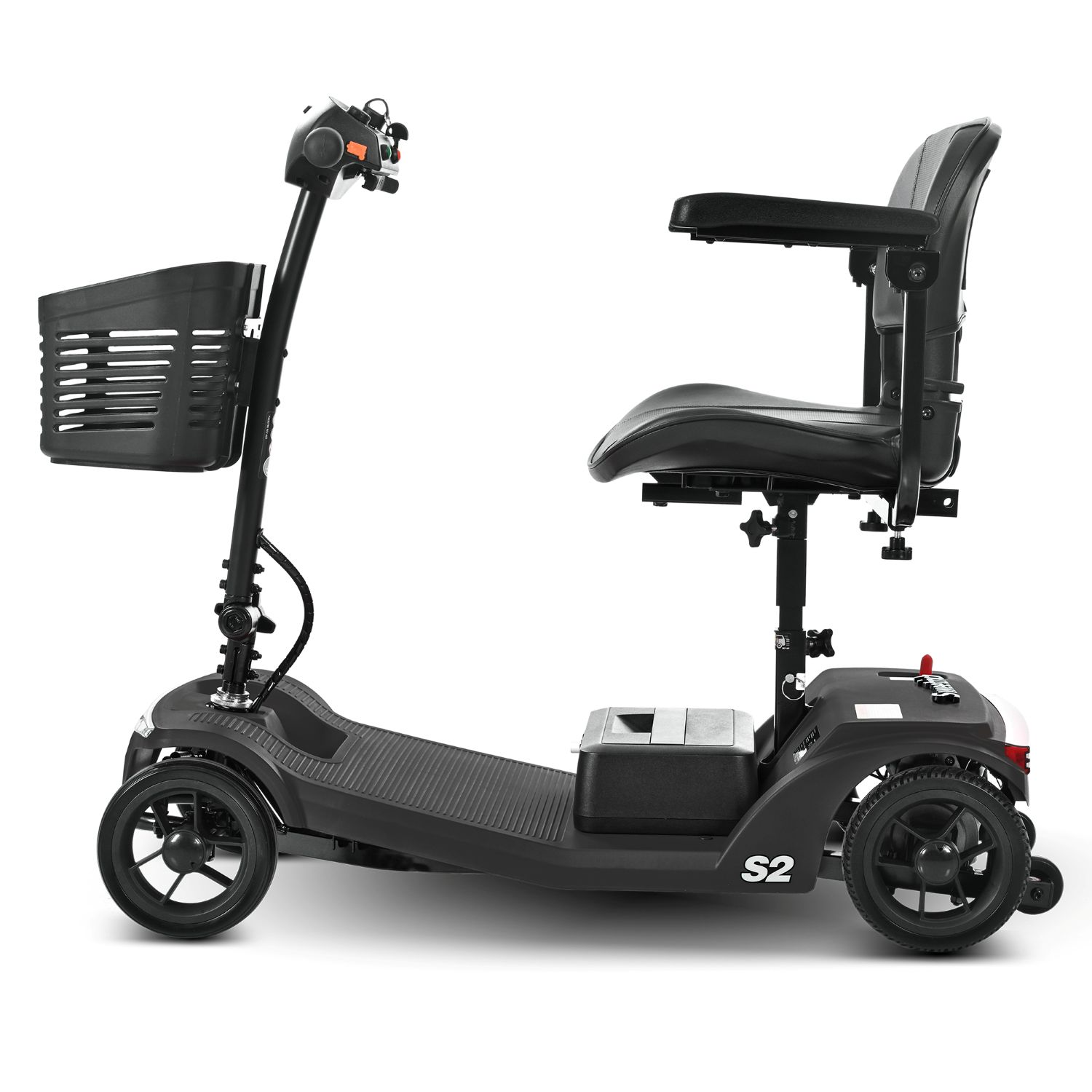 Un scooter de movilidad negro de cuatro ruedas con cesta y asiento ajustable.
