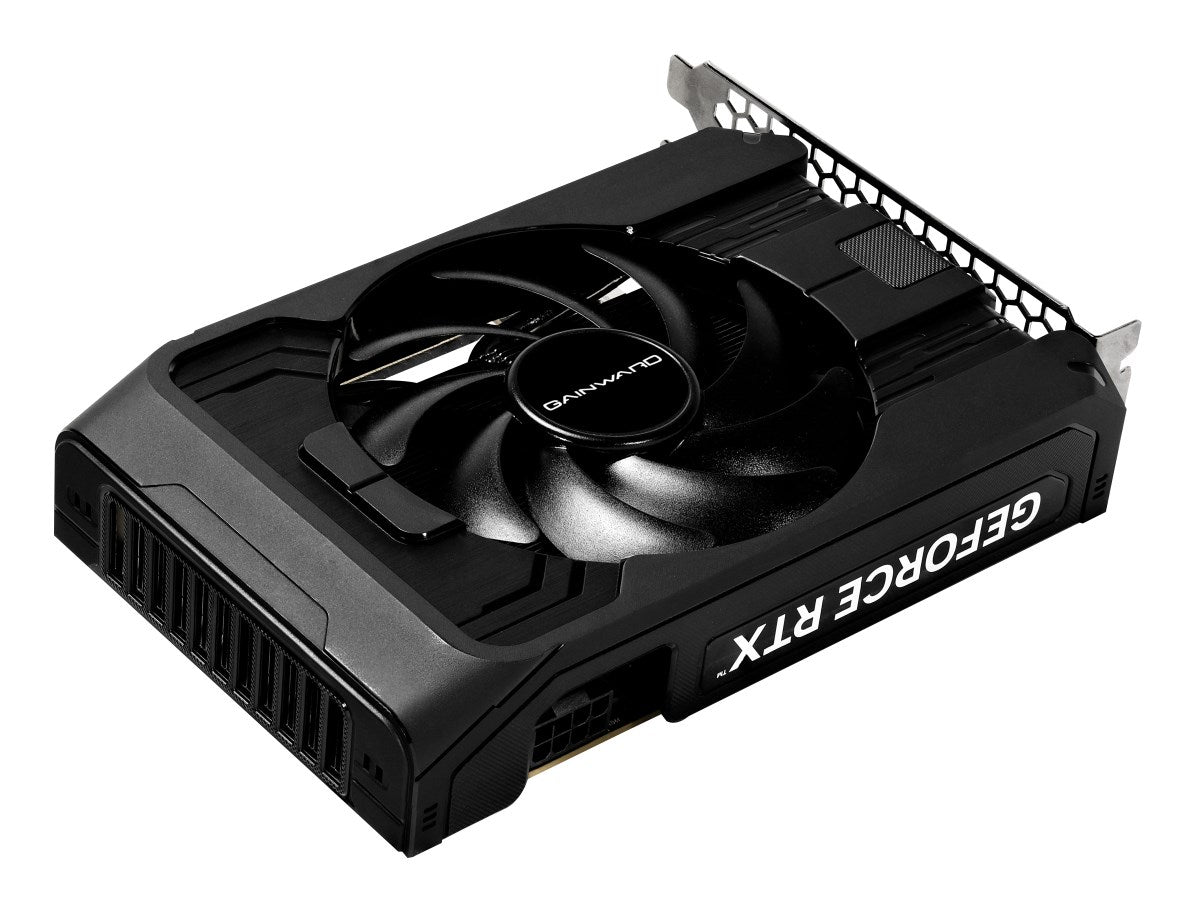 Tarjeta grafica negra Gainward GeForce RTX con un ventilador grande y soporte de metal.