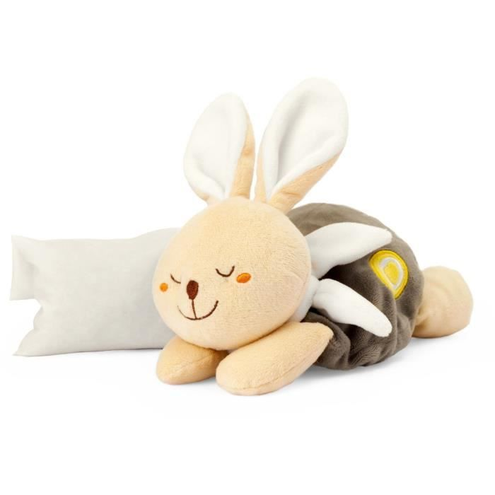 Un coniglietto di peluche con testa color crema e orecchie lunghe, sdraiato accanto a un piccolo cuscino bianco.