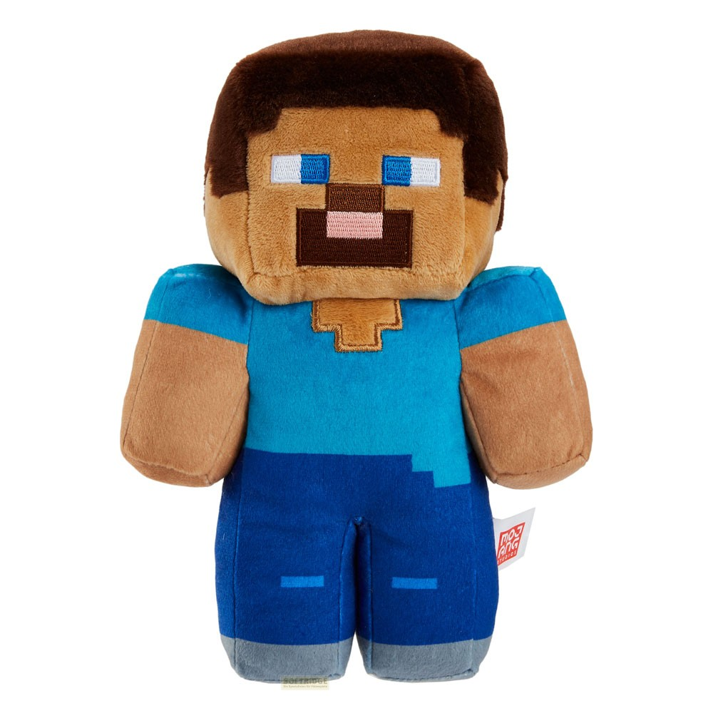 Peluche Minecraft Steve avec une chemise bleue et des cheveux bruns sur fond blanc.