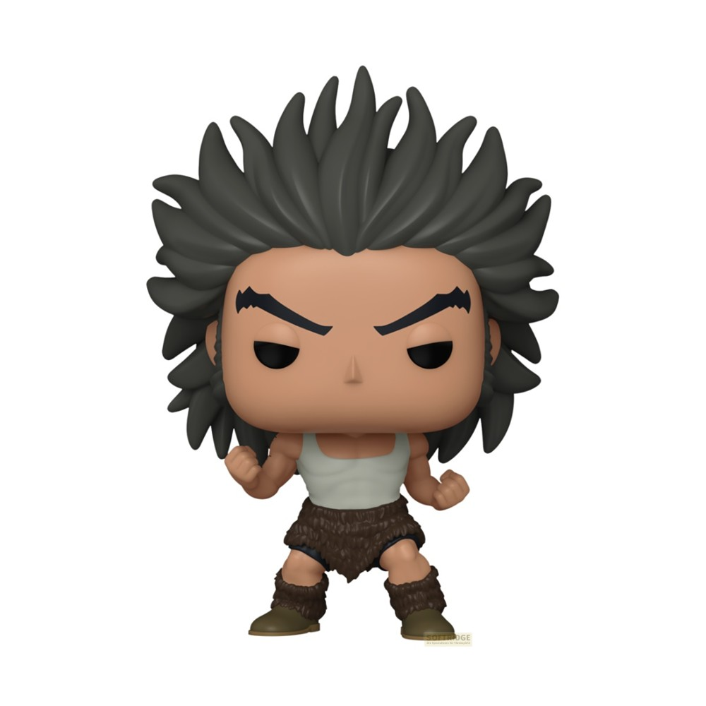 Una figura Funko Pop de un cavernícola con pelo oscuro y puntiagudo, camiseta blanca y pantalones cortos de piel.