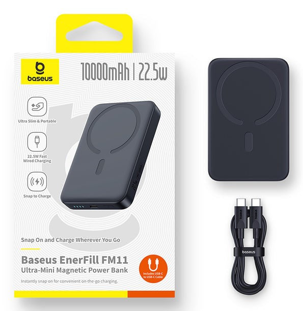 Banco de energía Baseus EnerFill FM11 en su caja con un dispositivo negro y cable USB-C al lado.
