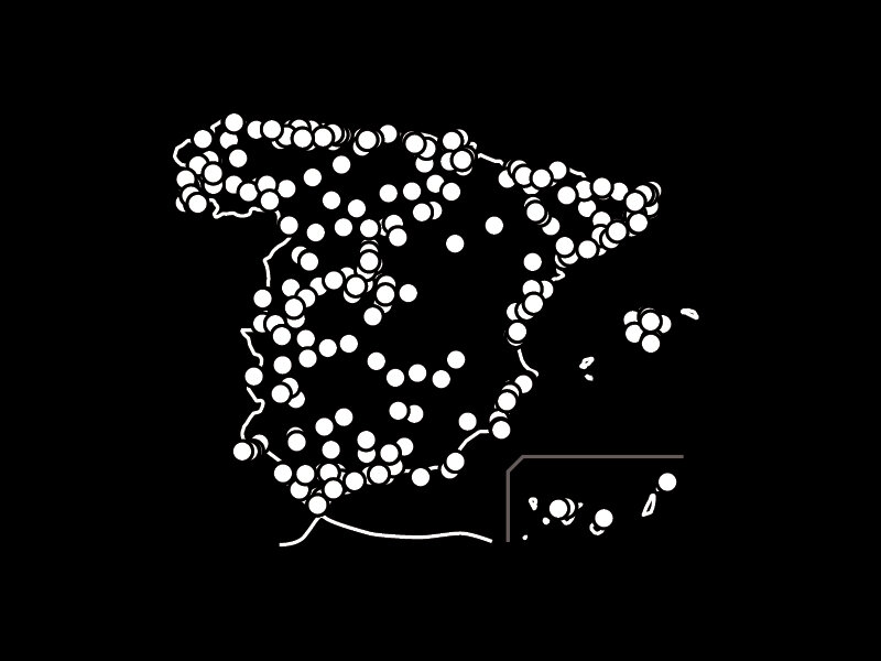 Un mapa de contorno blanco de España sobre un fondo negro con muchos puntos blancos distribuidos.