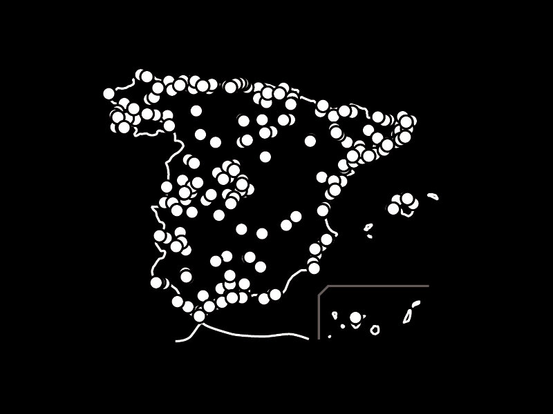 Un mapa de contorno blanco de España sobre un fondo negro, lleno de numerosos puntos blancos.