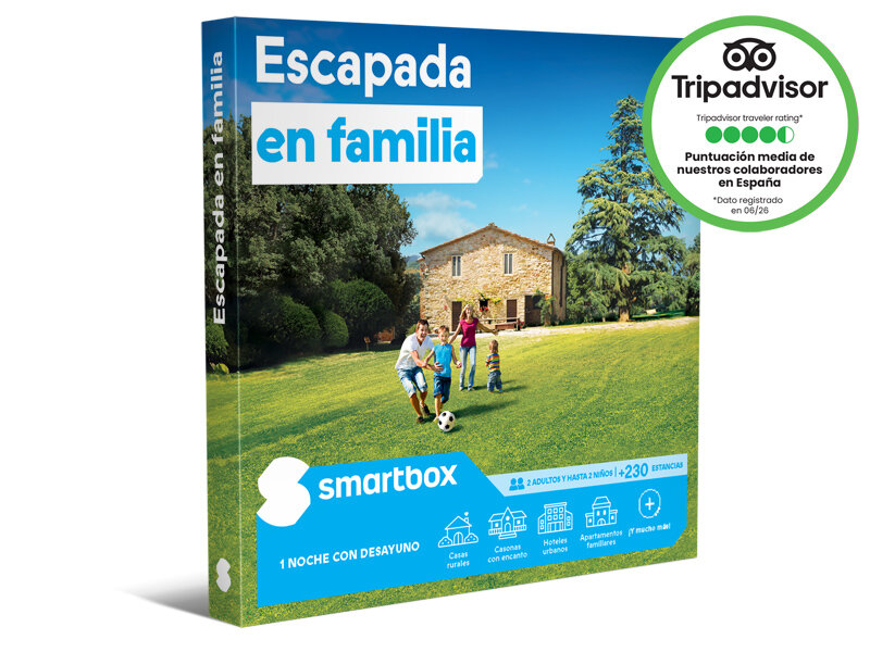 Caja Smartbox de escapada en familia con casa rural, familia y sello de TripAdvisor.
