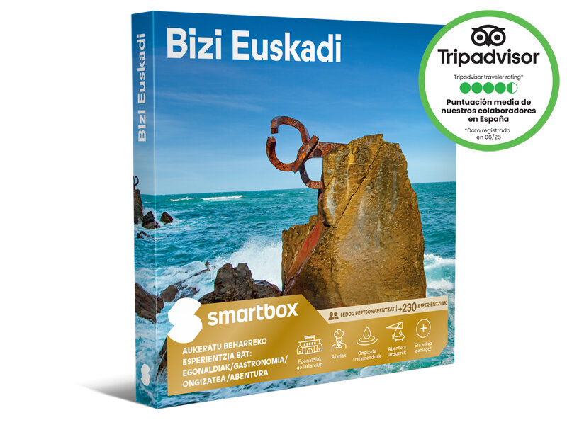 Caja Smartbox titulada Bizi Euskadi con una escultura junto al mar.