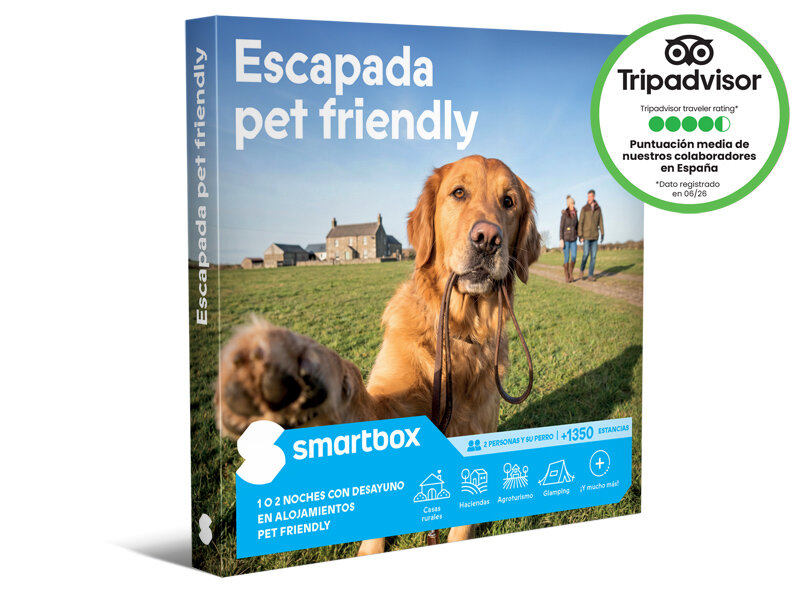 Caja Smartbox para escapada con mascotas con un golden retriever sosteniendo una correa.
