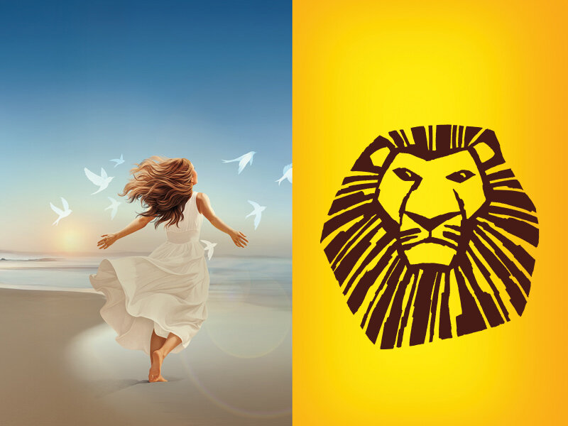 Fondo dividido muestra una mujer en vestido blanco en la playa con aves a la izquierda y un logo de león marrón en amarillo.