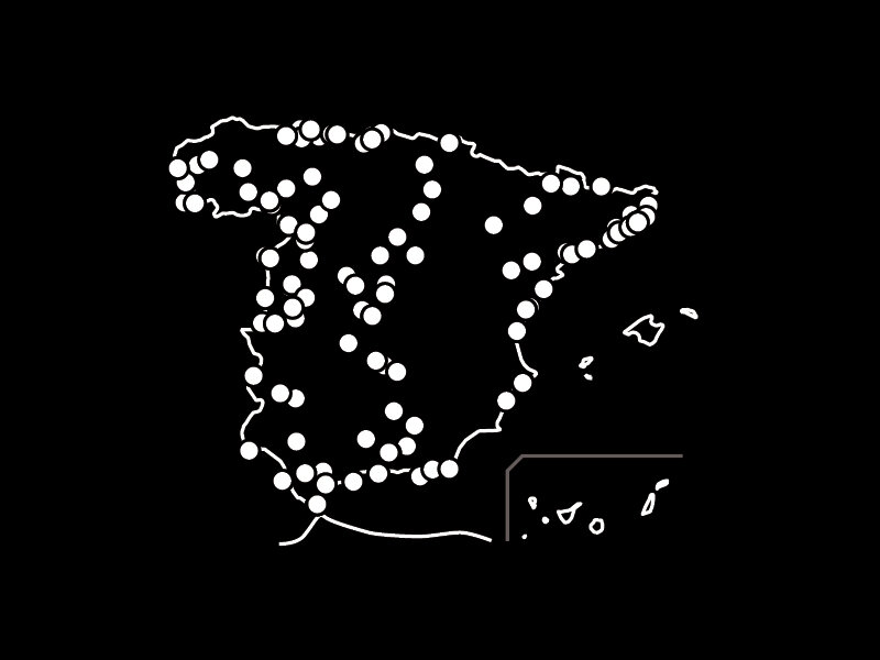 Un mapa de contorno blanco de España sobre un fondo negro muestra numerosos puntos blancos dispersos por el país.