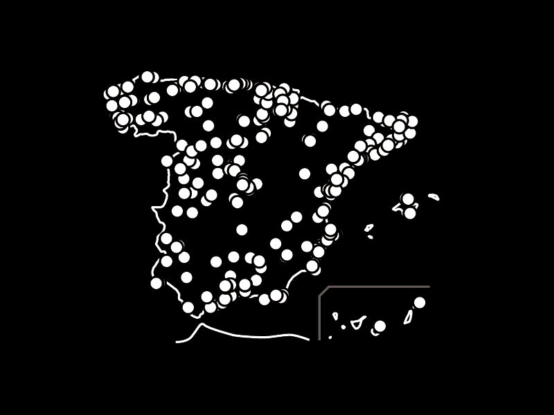 Un mapa blanco de España sobre un fondo negro, salpicado de numerosos marcadores circulares blancos.