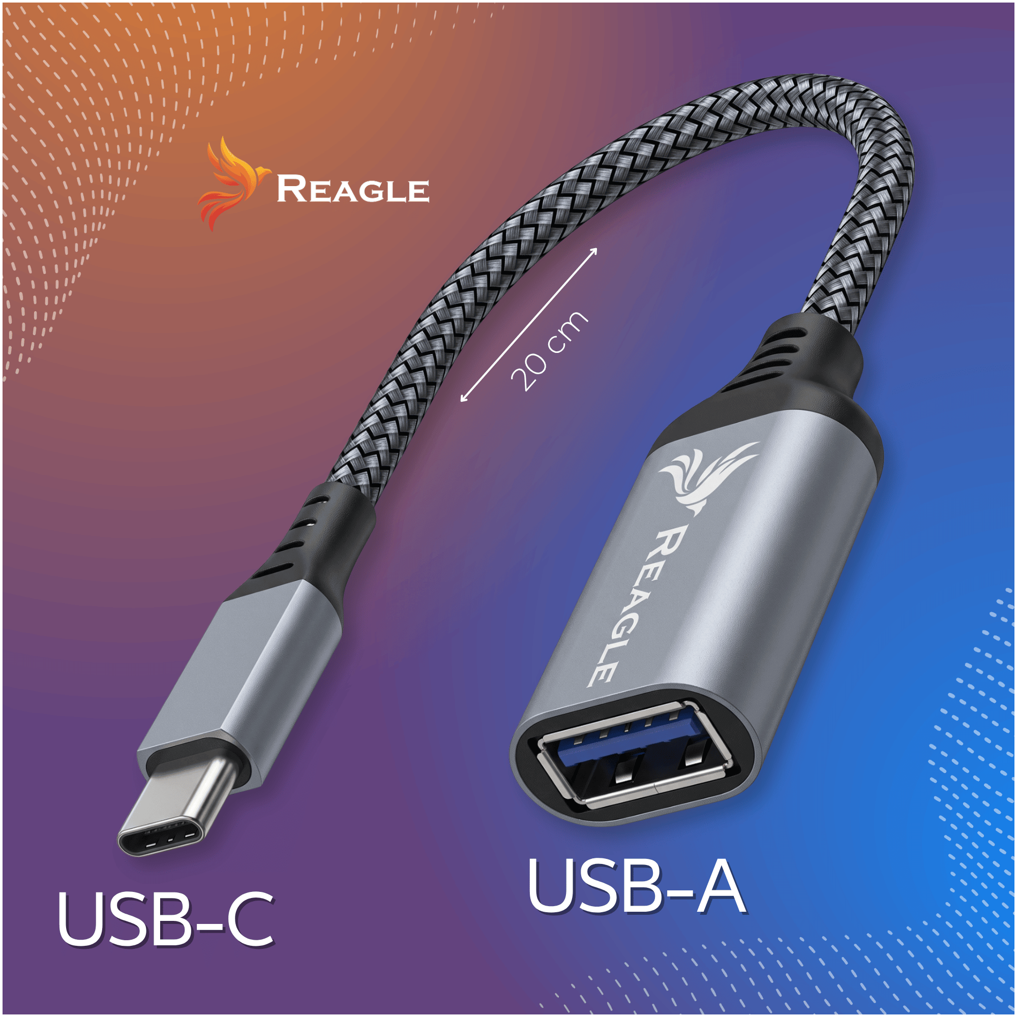Un cable adaptador Reagle USB-C a USB-A de 20 cm con cable trenzado gris y conectores de metal plateado.