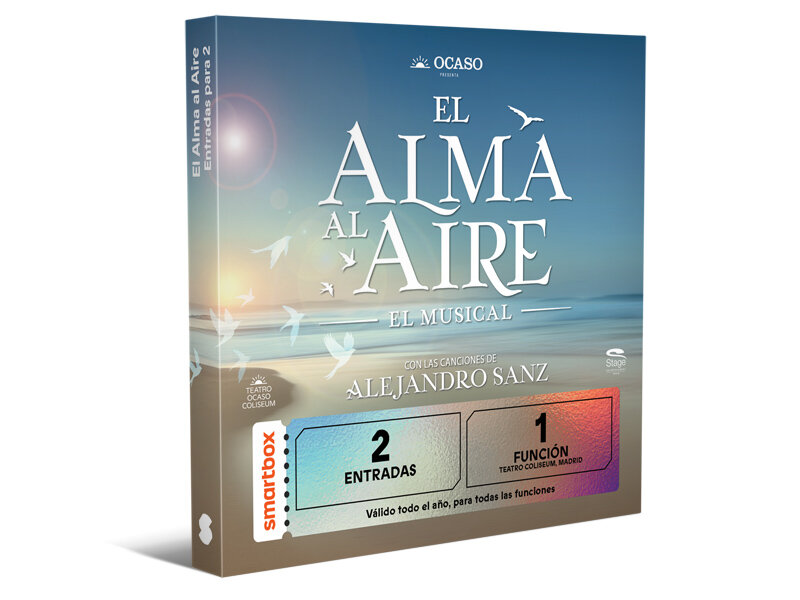 Caja de producto para El Alma al Aire El Musical con dos entradas y fondo de playa.