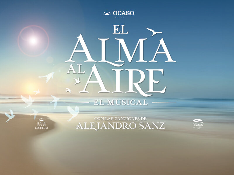 Playa al atardecer con texto El Alma Al Aire y aves blancas.