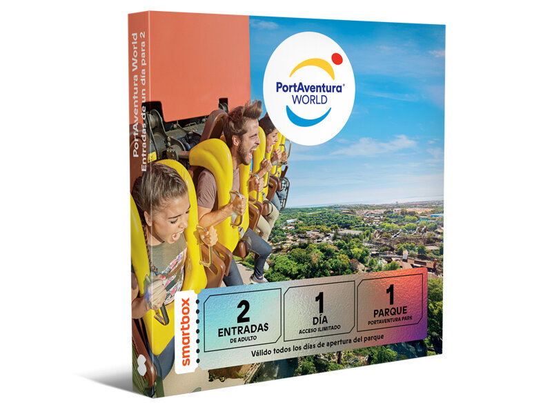Caja de regalo Smartbox PortAventura World con personas en una montaña rusa y el logotipo.