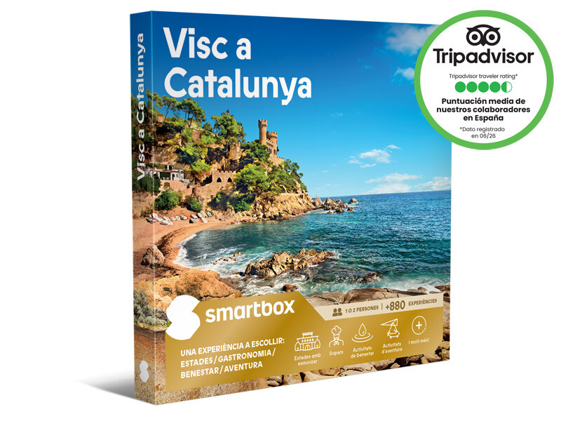 Caja Smartbox con una escena costera en Cataluña y un sello de TripAdvisor.