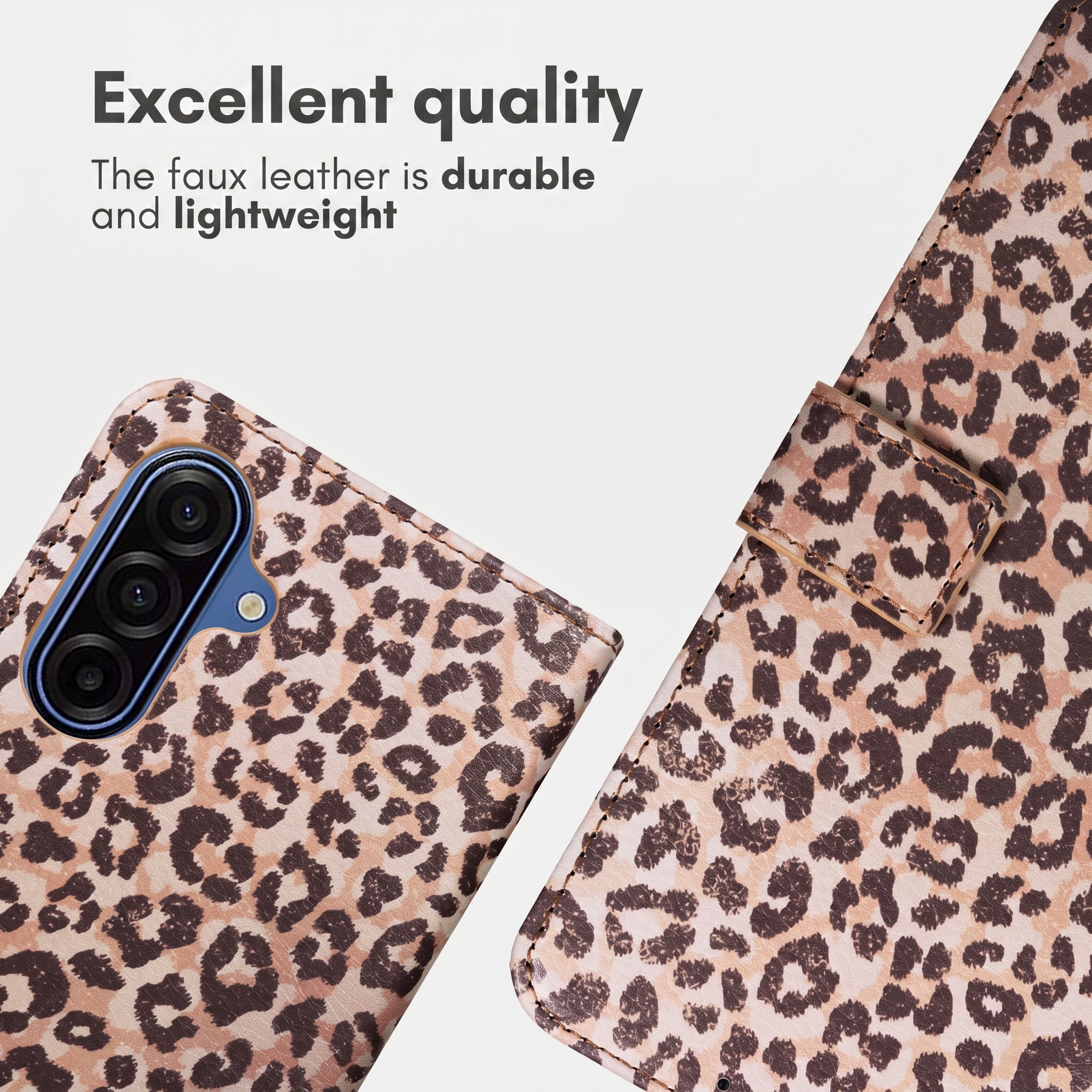 Telefoonhoesje met panterprint met camera-uitsparing en tekst over kwaliteit op lichte achtergrond.