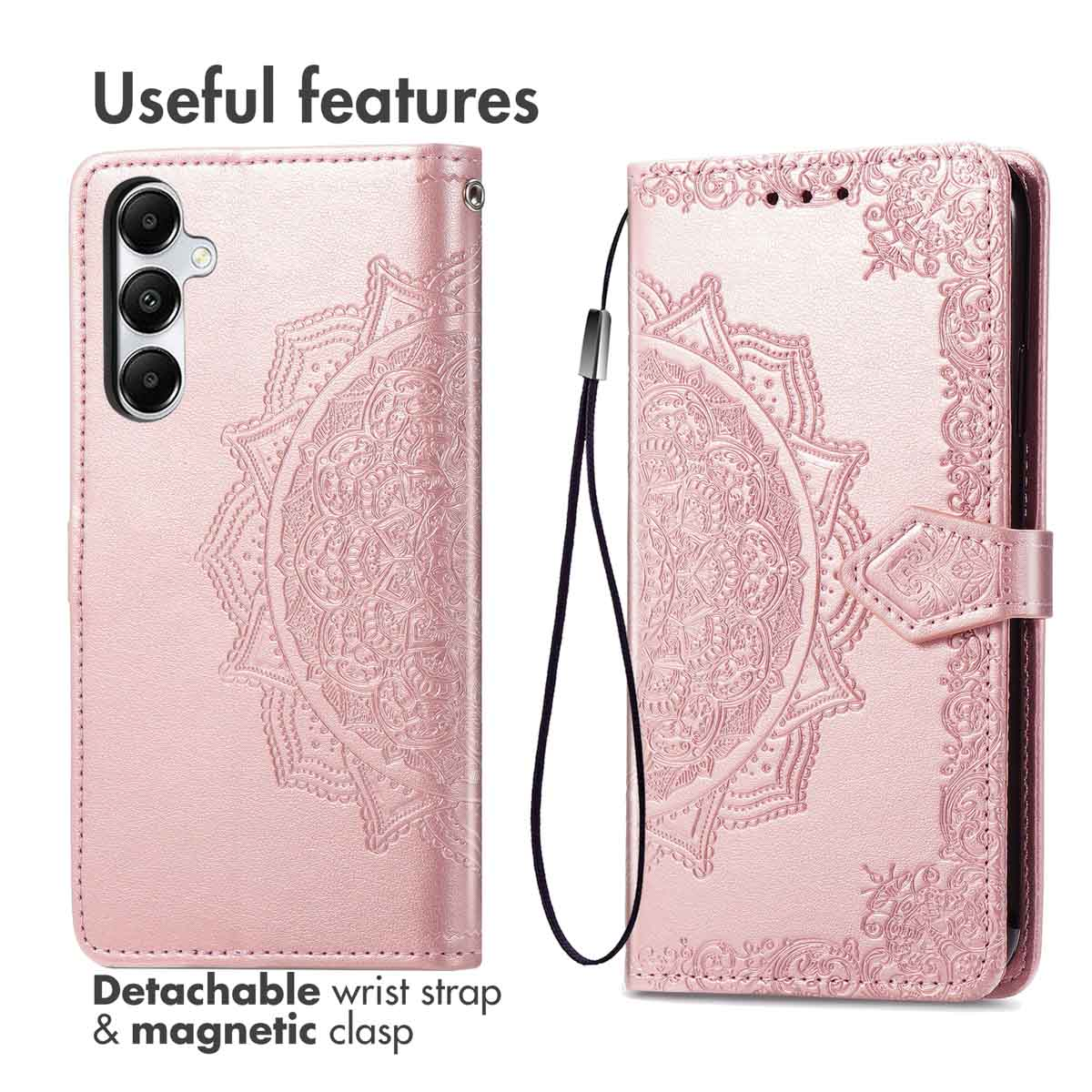Roze, in relief, lederen telefoonhoesje met mandalapatroon, polsband en magnetische sluiting.