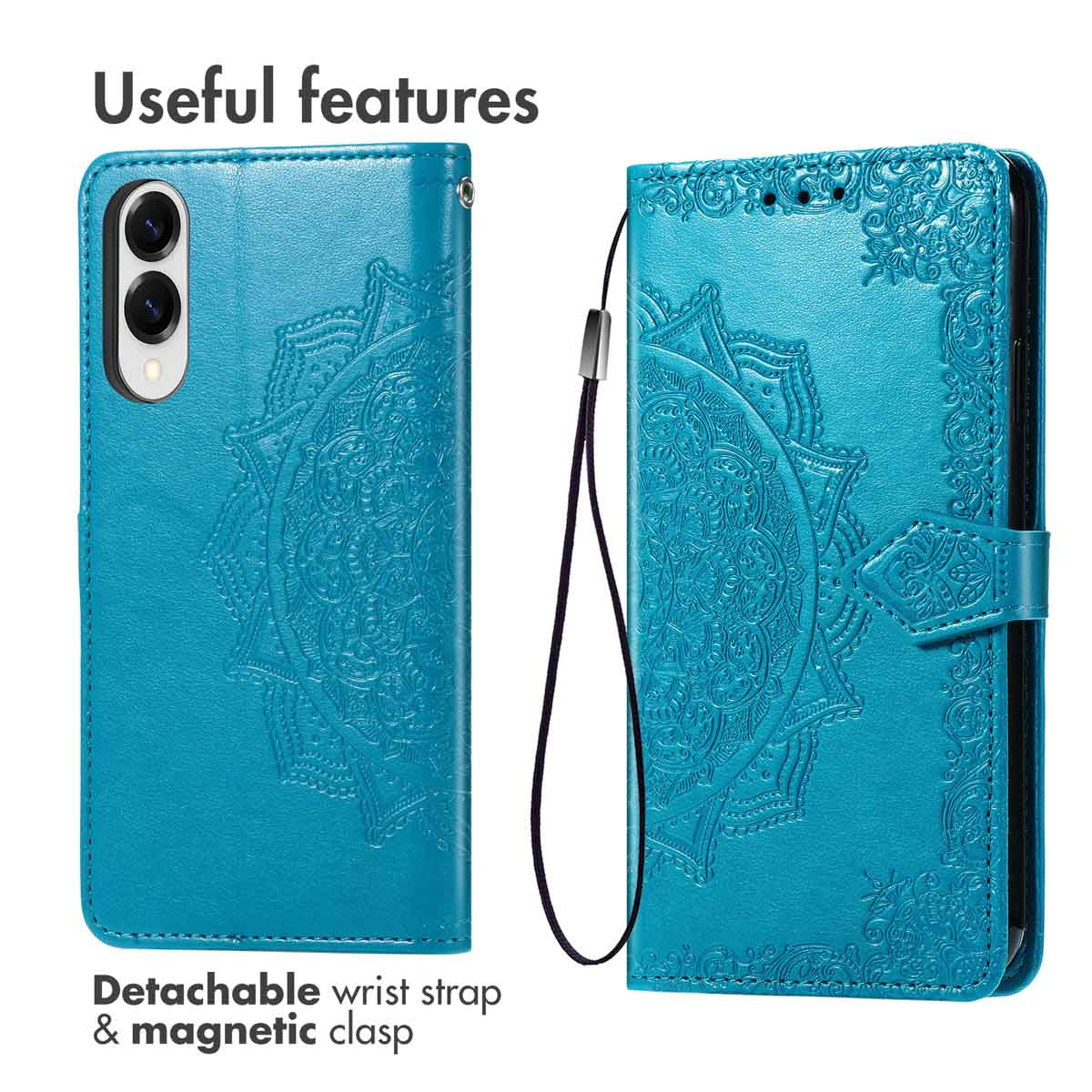 Blauwe lederen telefoonhoes met mandalamotief, polsbandje en magnetische sluiting.