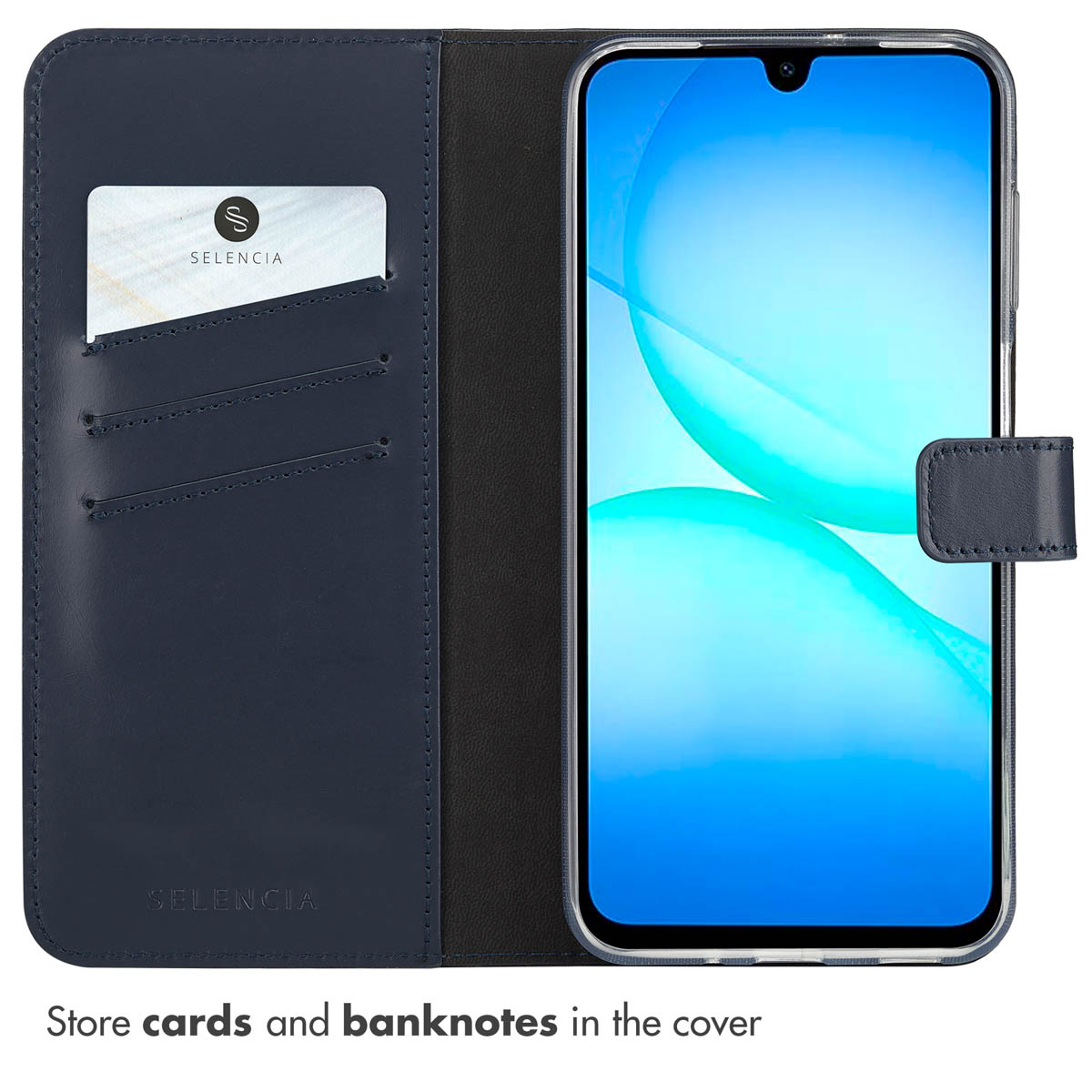 Custodia per telefono in pelle blu con slot per carte.