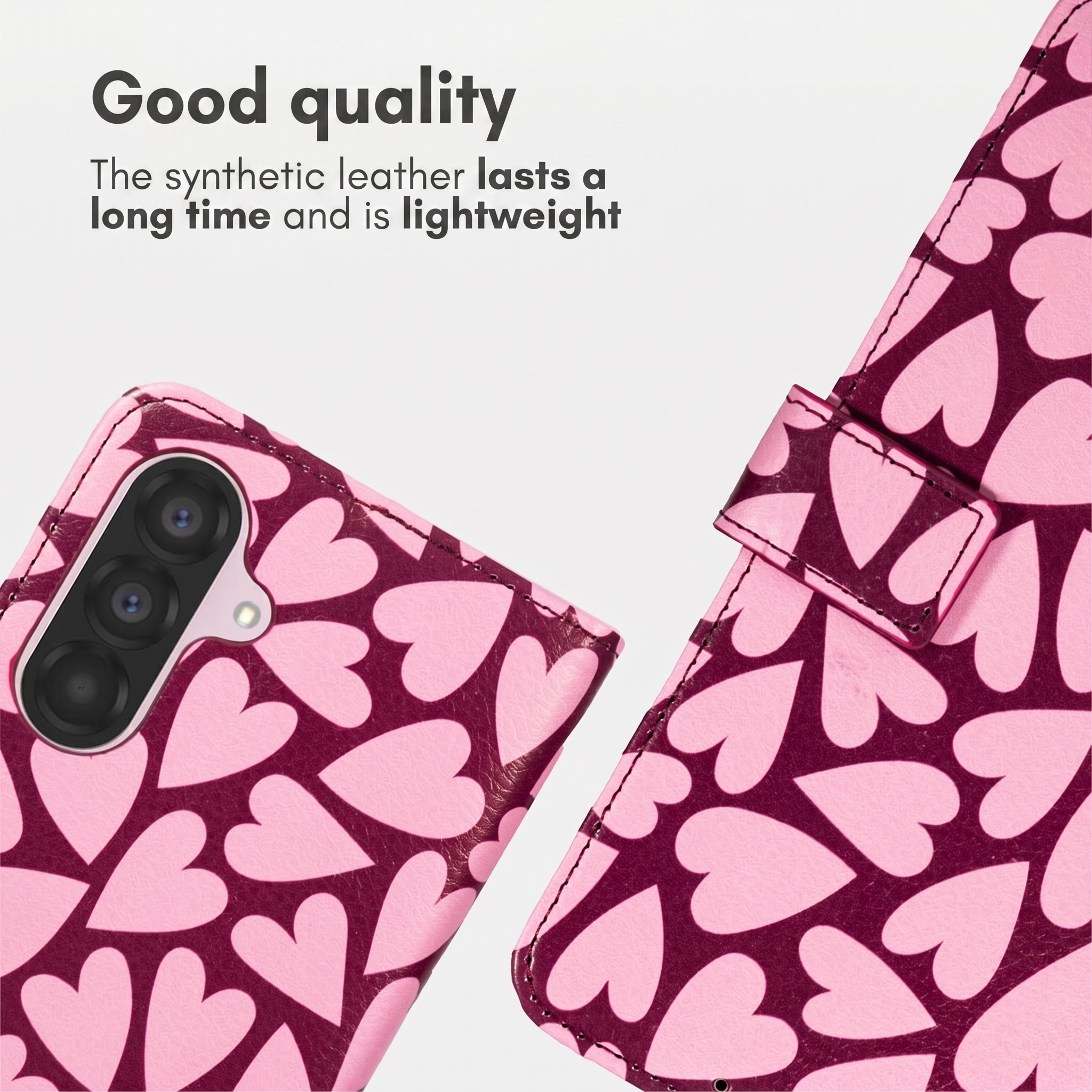 Roze telefoonhoesje met donkerrode harten en een witte achtergrond met tekst.