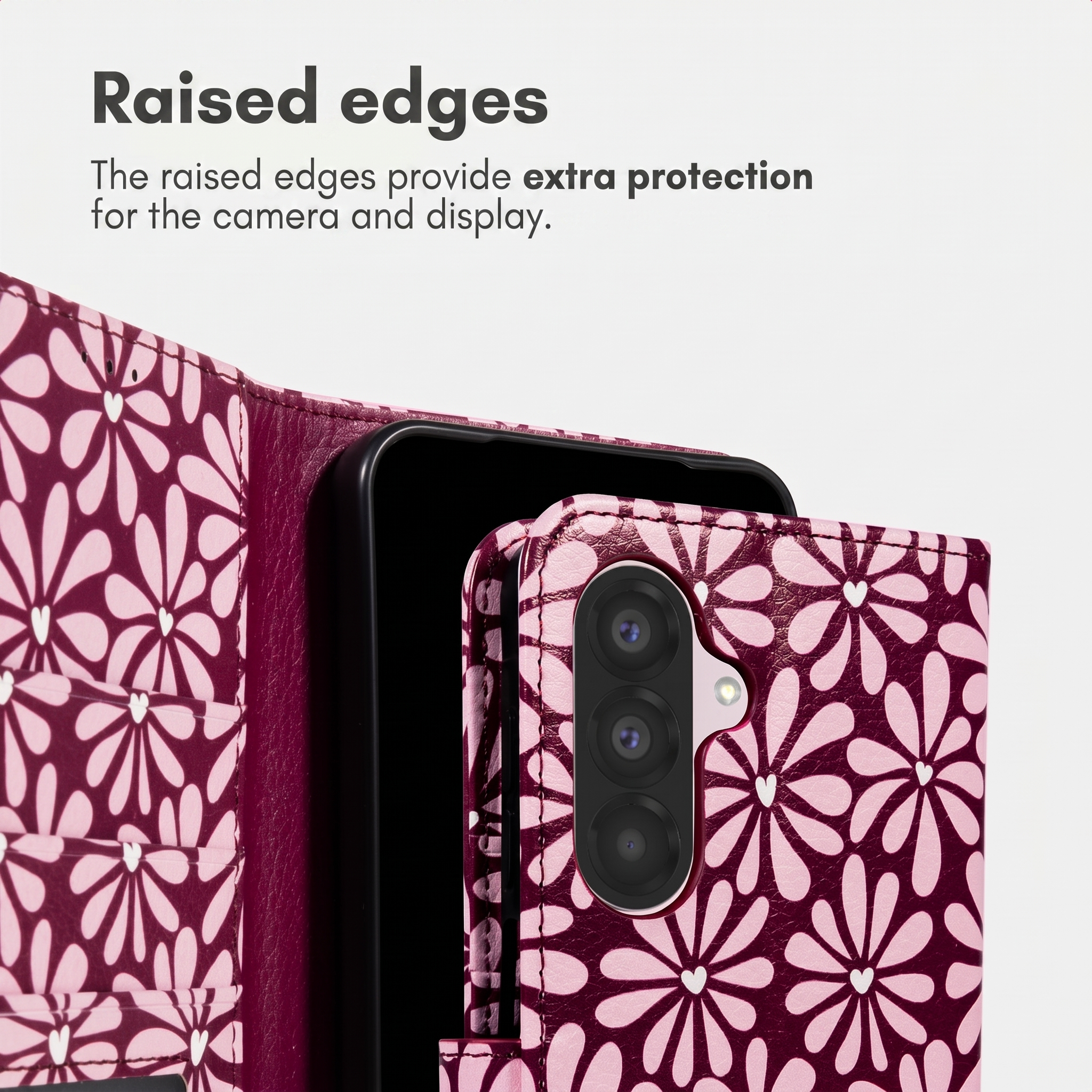 Roze en bordeauxrode bloemen telefoonhoesje met opstaande randen.