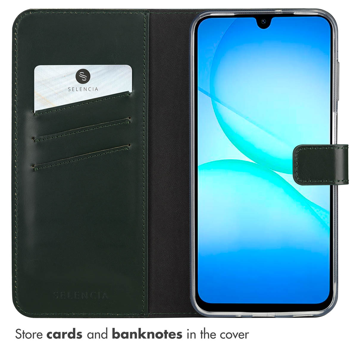 Groene lederen telefoonhoes met vakjes voor pasjes en smartphone.