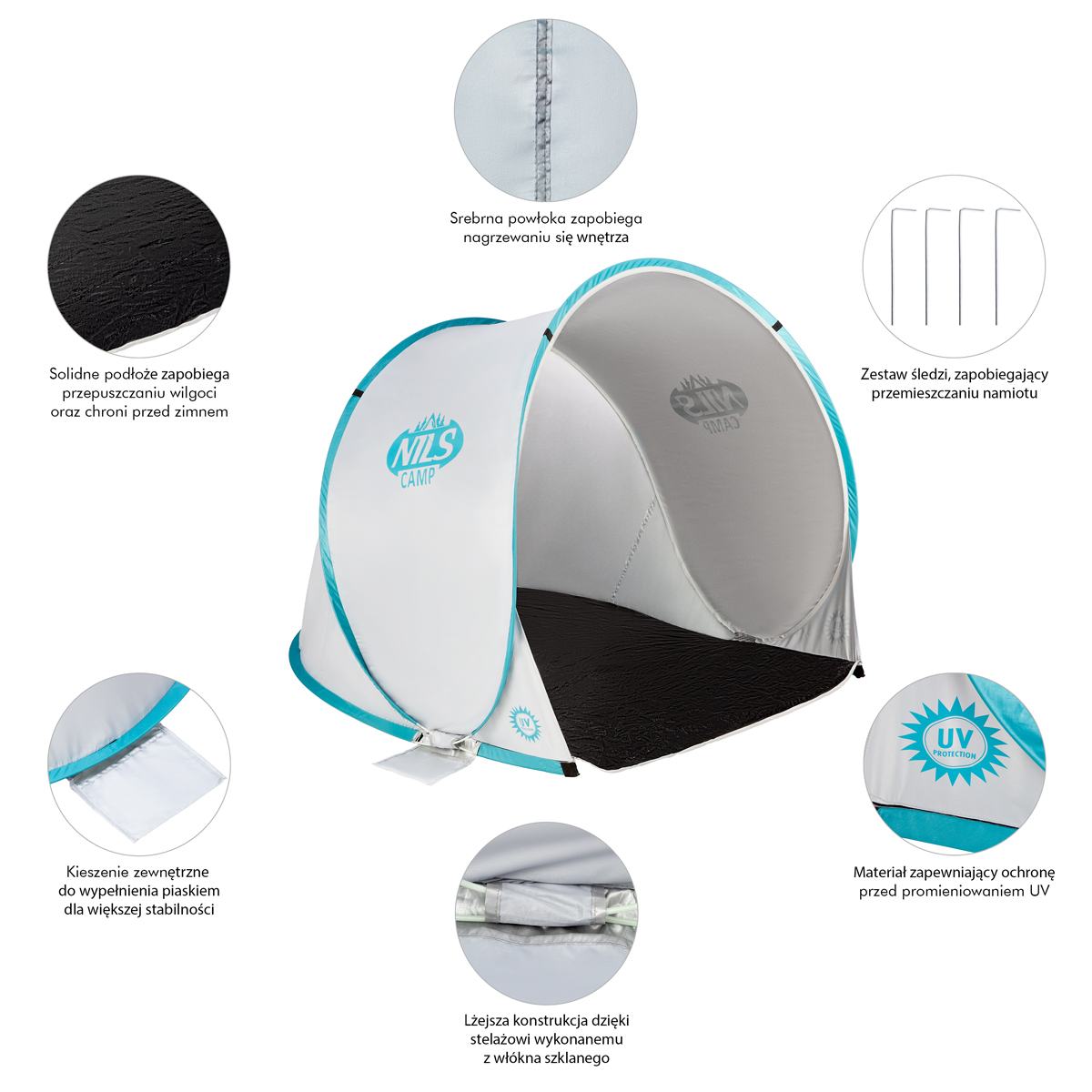 Tienda de playa emergente blanca y azul con círculos detallando protección UV, suelo y piquetas.
