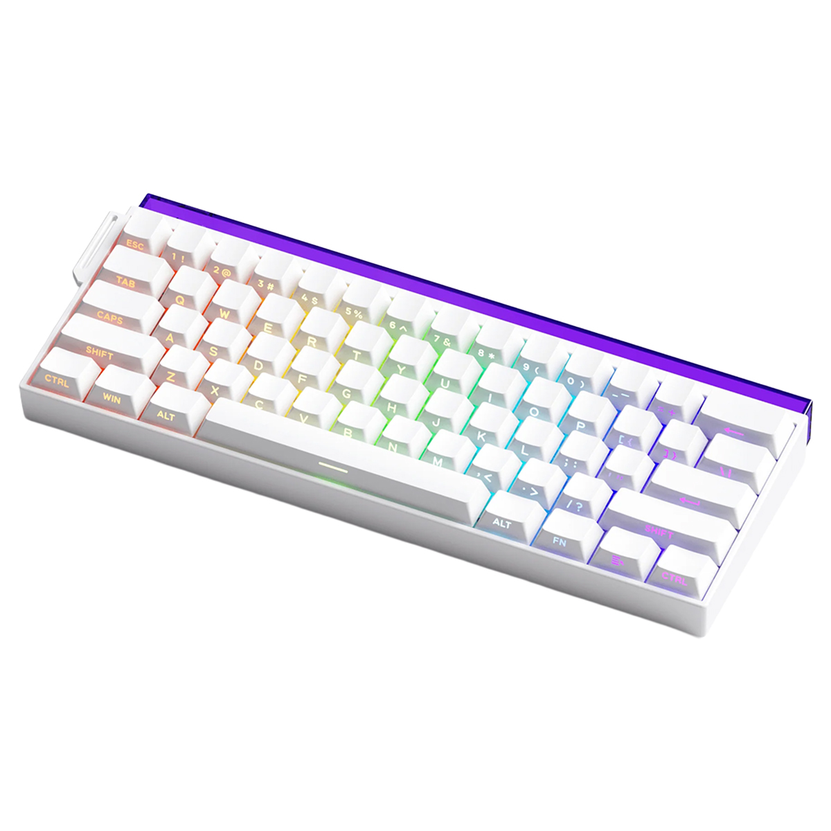 RGB arka aydınlatmalı ve üstte mor vurgu çubuğuna sahip beyaz, kompakt bir mekanik klavye.