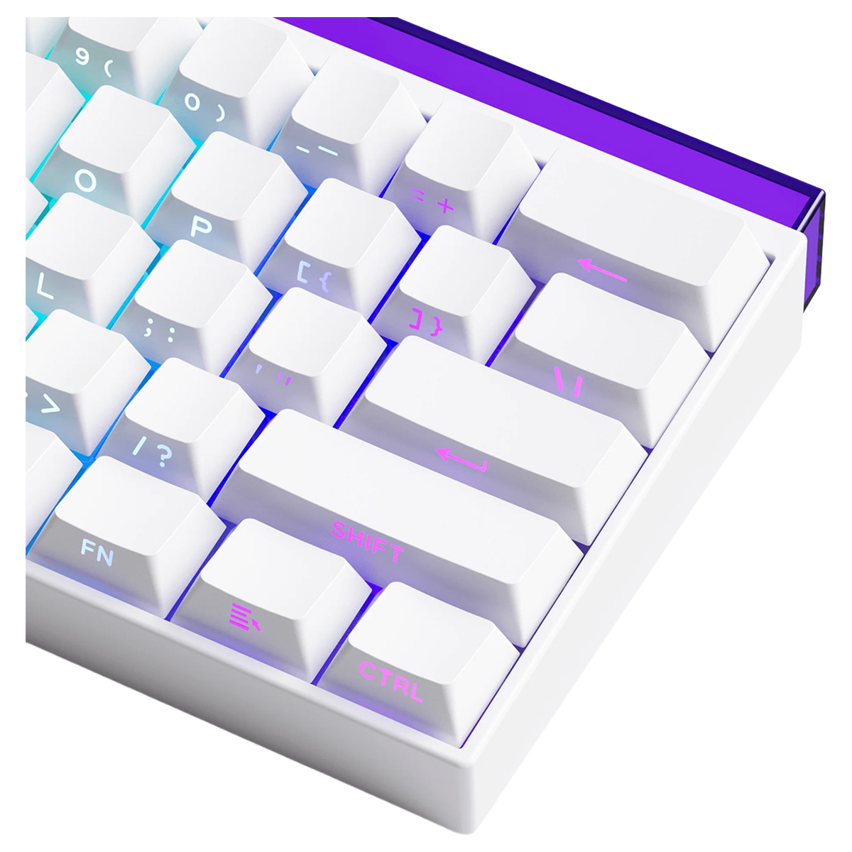 Renkli RGB arka aydınlatmalı beyaz mekanik klavyenin yakın plan görüntüsü.