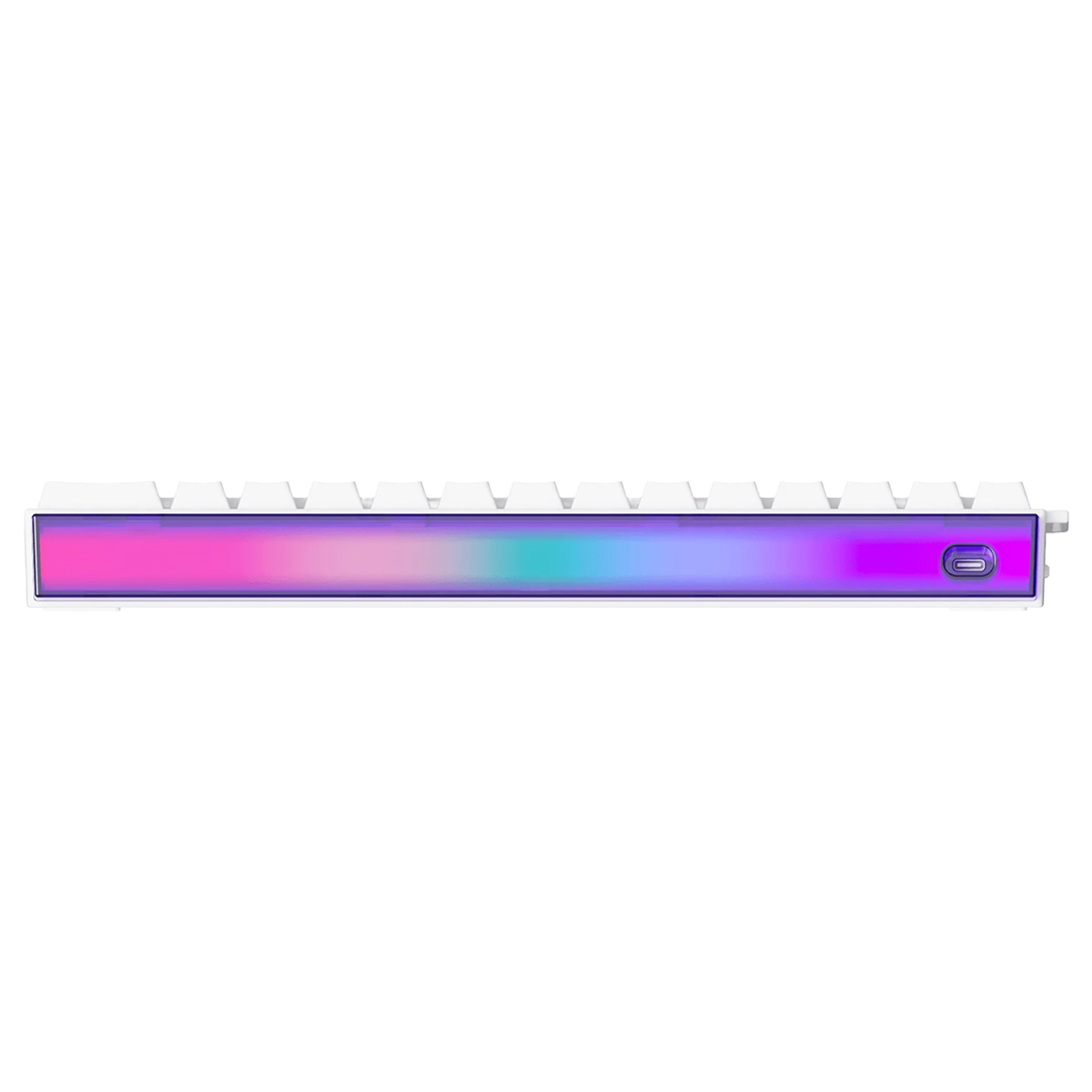 Beyaz arka planda canlı RGB aydınlatmaya ve bir USB-C bağlantı noktasına sahip beyaz klavyenin alt görünümü.