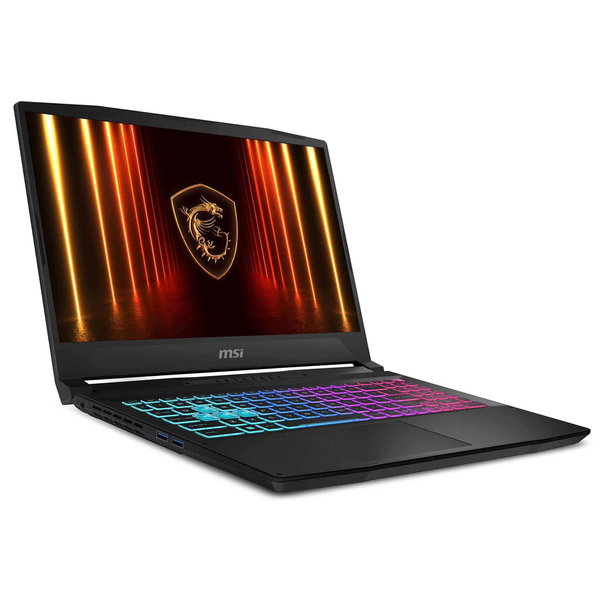 Renkli RGB klavyeli ve ekranında ejderha logosu olan siyah bir MSI oyuncu dizüstü bilgisayarı.
