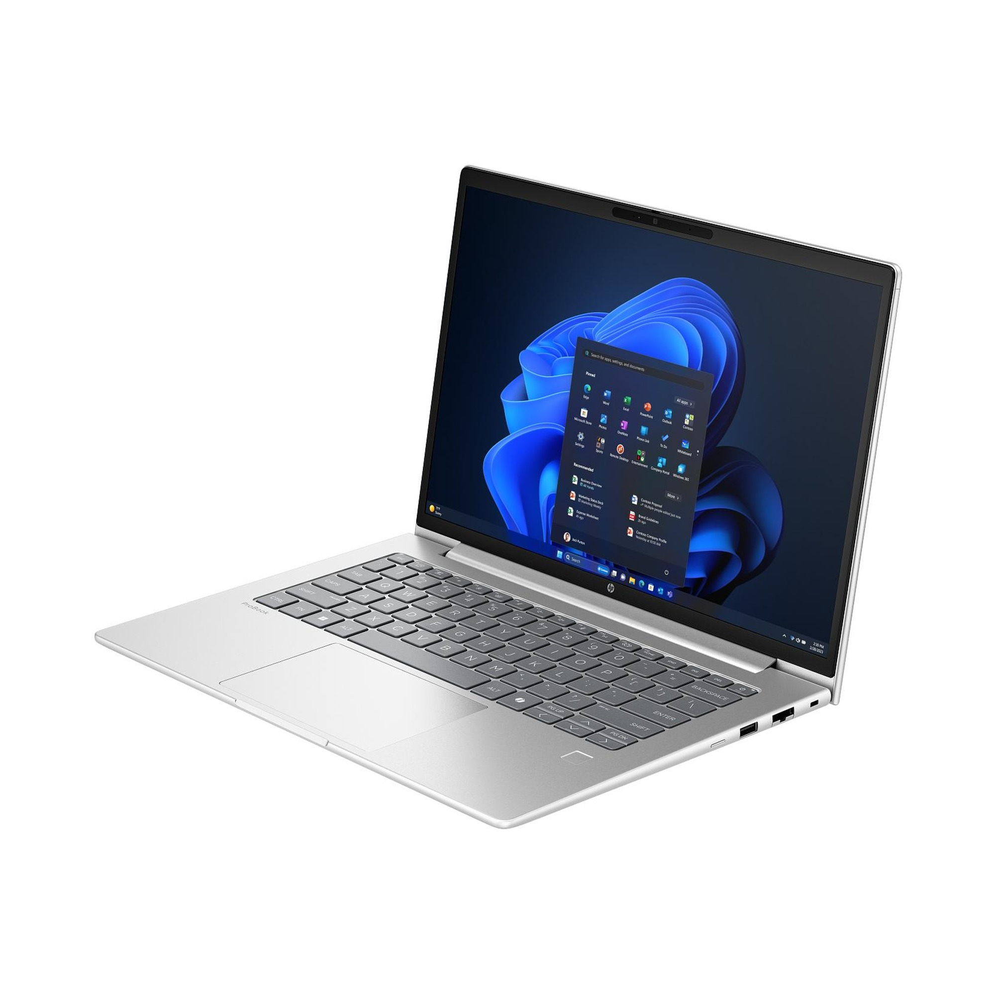 Beyaz arka planda mavi ekranlı ve açık Windows başlat menülü gümüş renkli bir dizüstü bilgisayar.