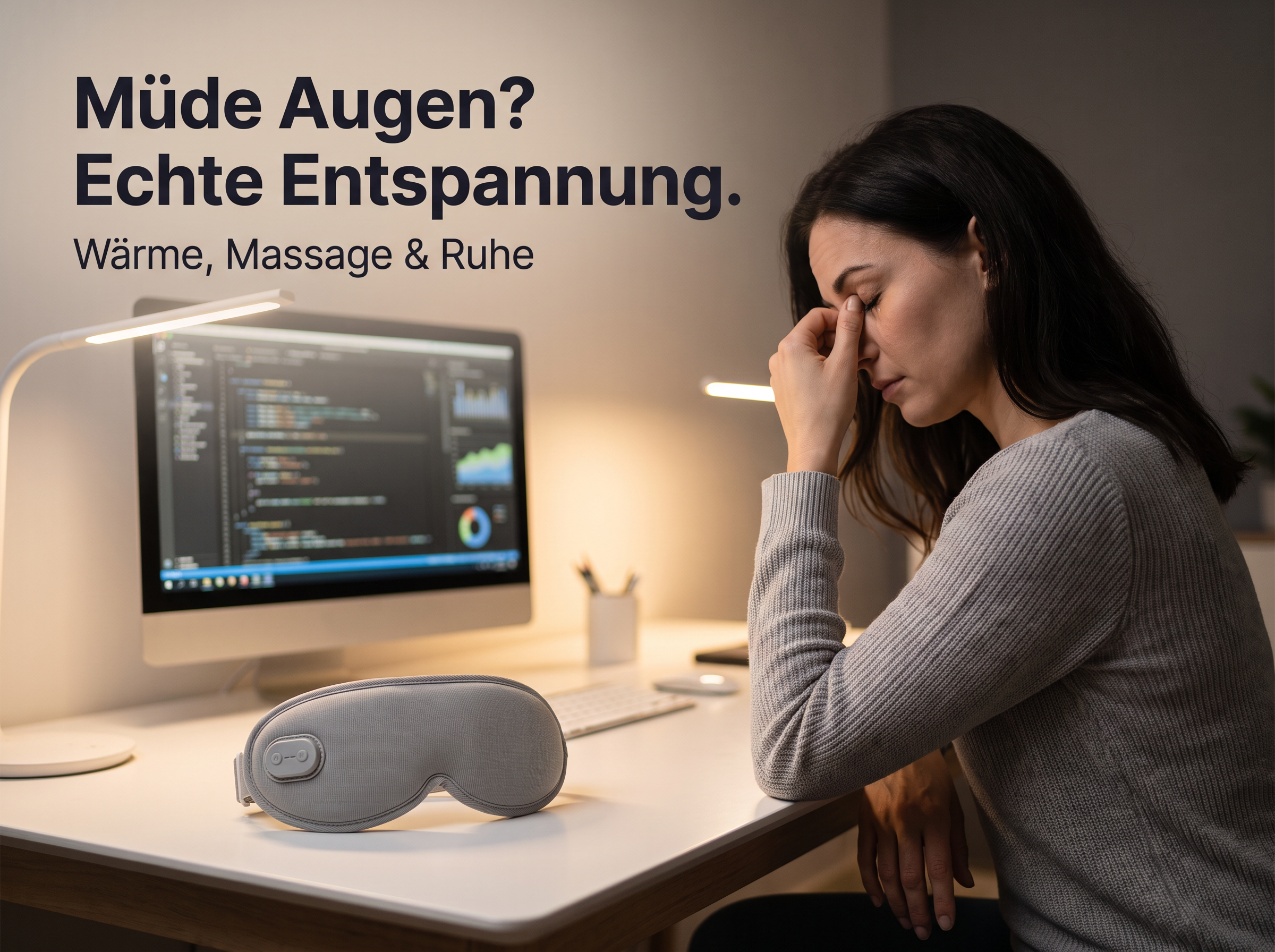 Eine müde Frau reibt sich die Augen vor einem Computer. Auf dem Schreibtisch liegt ein graues Augenmassagegerät.