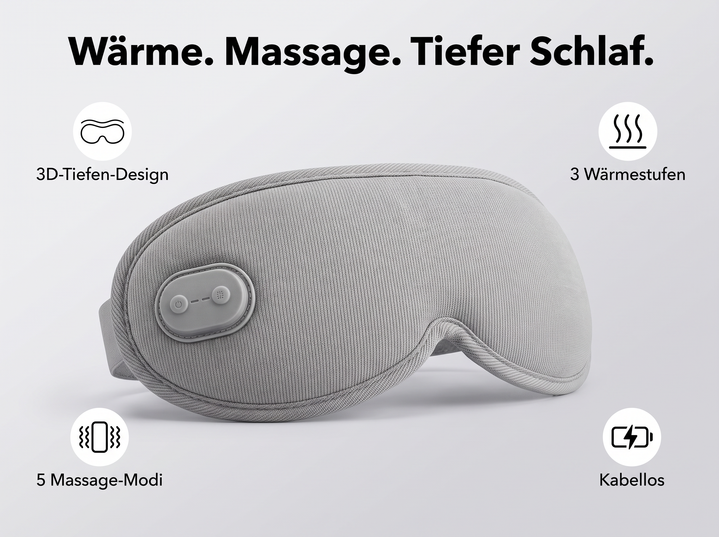 Graue beheizbare Schlafmaske mit Bedientasten, umgeben von vier Funktionssymbolen.
