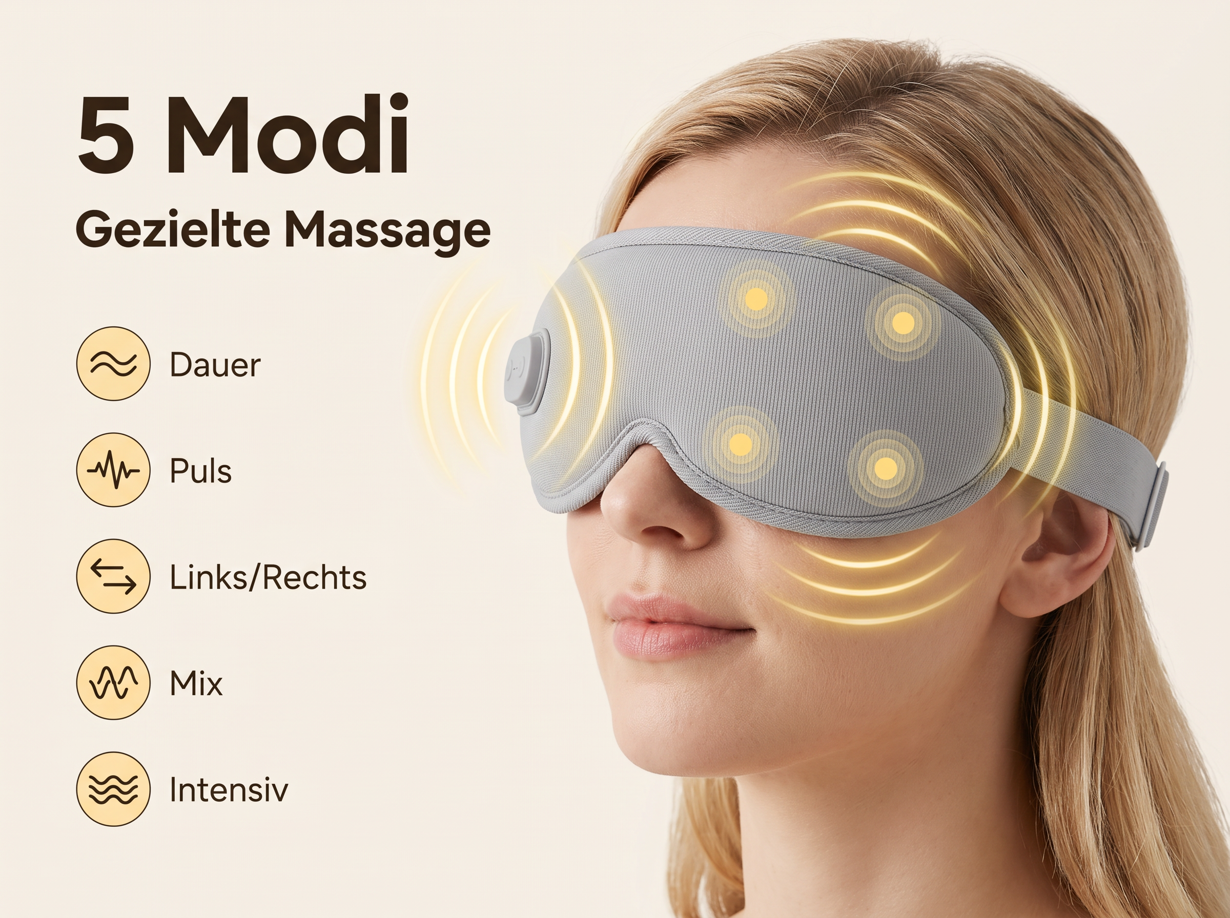 Frau trägt eine graue Augenmaske mit Massagefunktion und fünf Modi, dargestellt mit gelben Wellen und Symbolen.