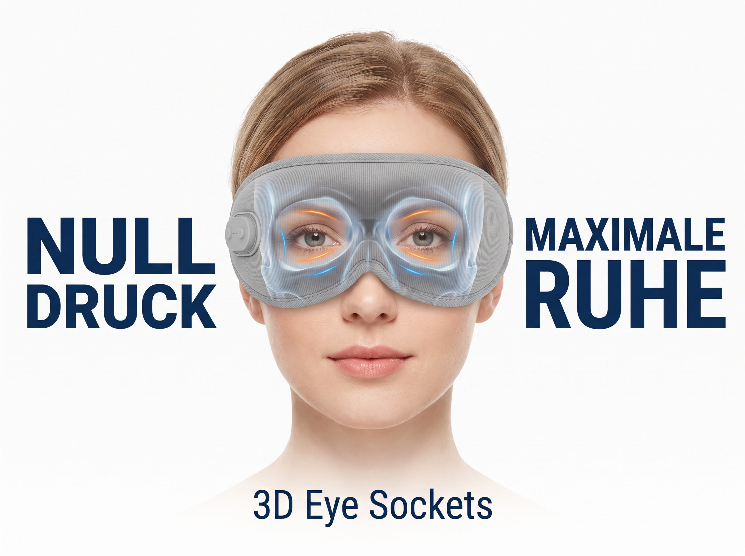 Frau trägt eine graue 3D-Schlafmaske mit X-Ray-Effekt, um die Augenhöhlen zu zeigen, umgeben von Text.