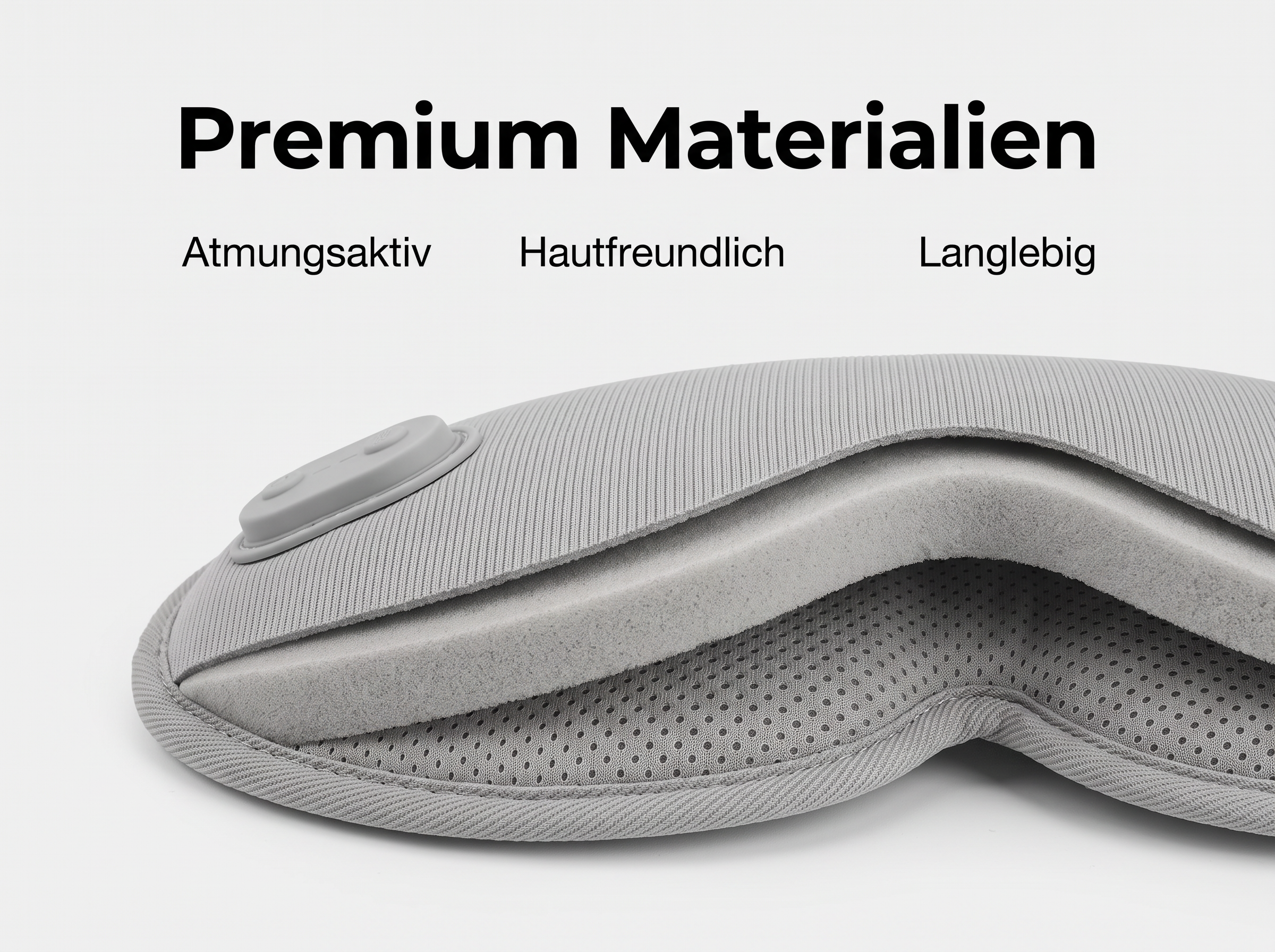Graue Schlafmaske mit mehreren Materialschichten und Bedienelementen, Text zu Premium Materialien.