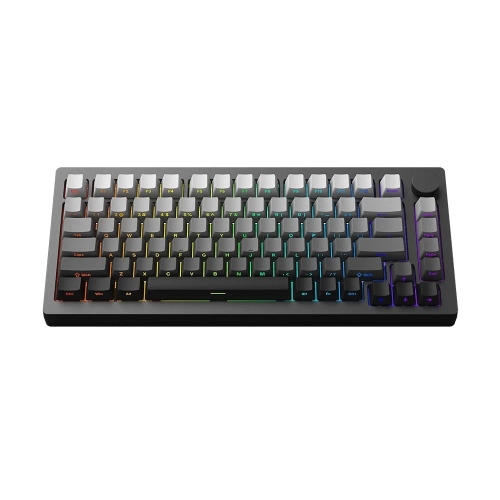 Beyaz arka plan üzerinde gri ve beyaz tuş kapaklarına ve renkli RGB aydınlatmaya sahip siyah mekanik klavye.
