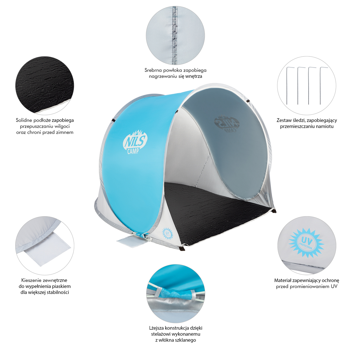Una tienda de playa azul y blanca con detalles circulares que muestran material, suelo, protección UV y accesorios.