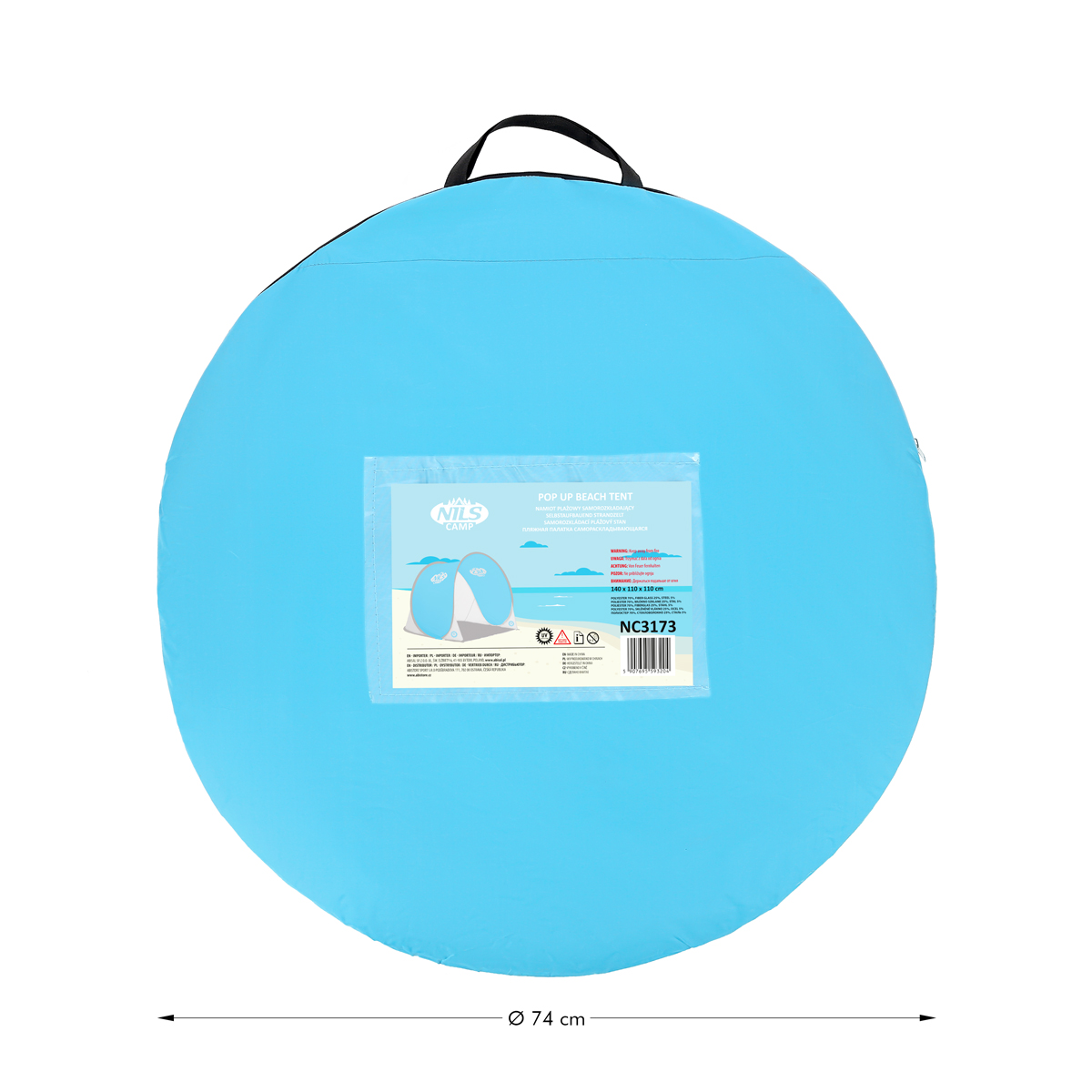 Tienda de playa pop-up redonda azul en una bolsa de transporte de 74 cm de diámetro.