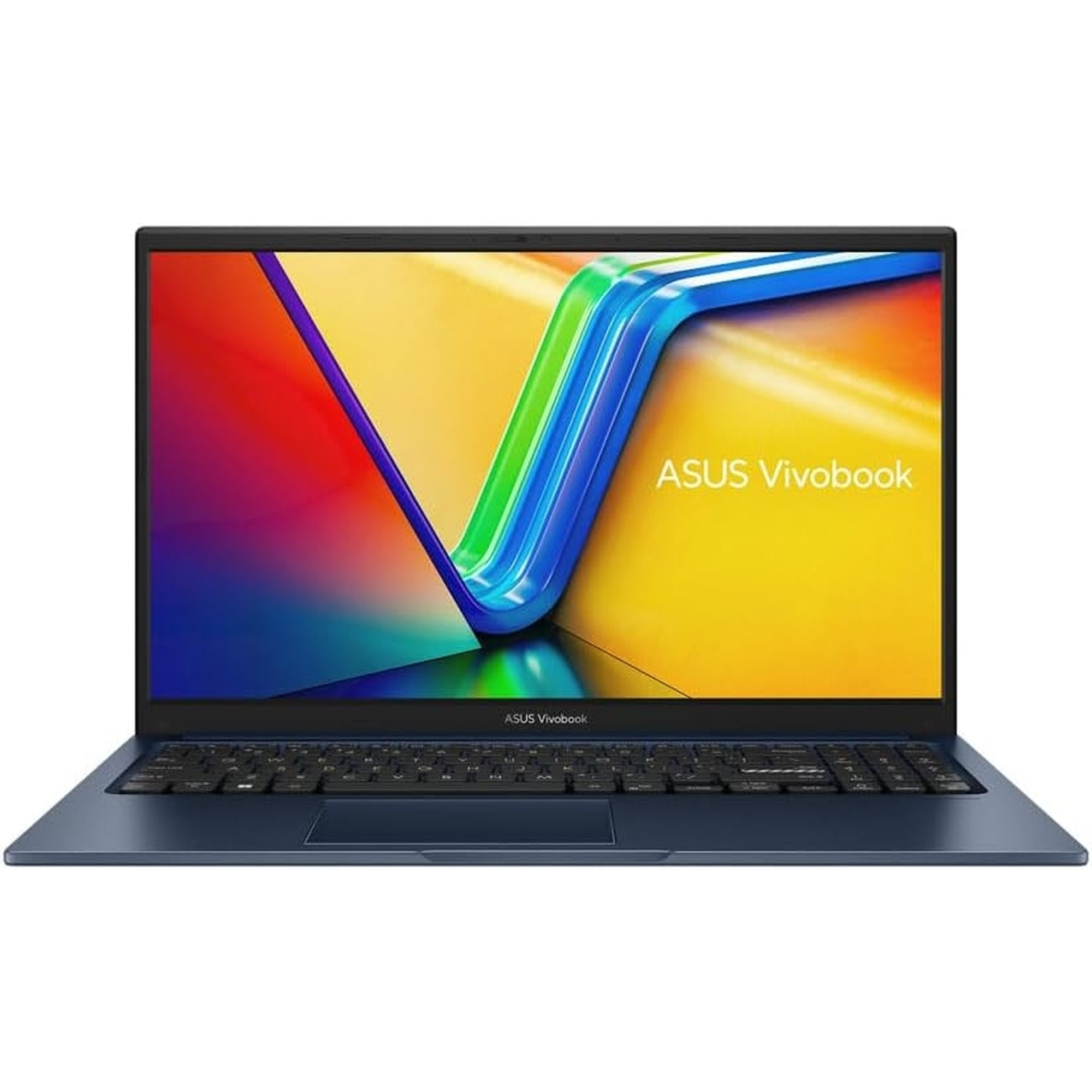Ekranında renkli, kavisli bir tasarım olan mavi bir ASUS Vivobook dizüstü bilgisayar, beyaz arka plan önünde.
