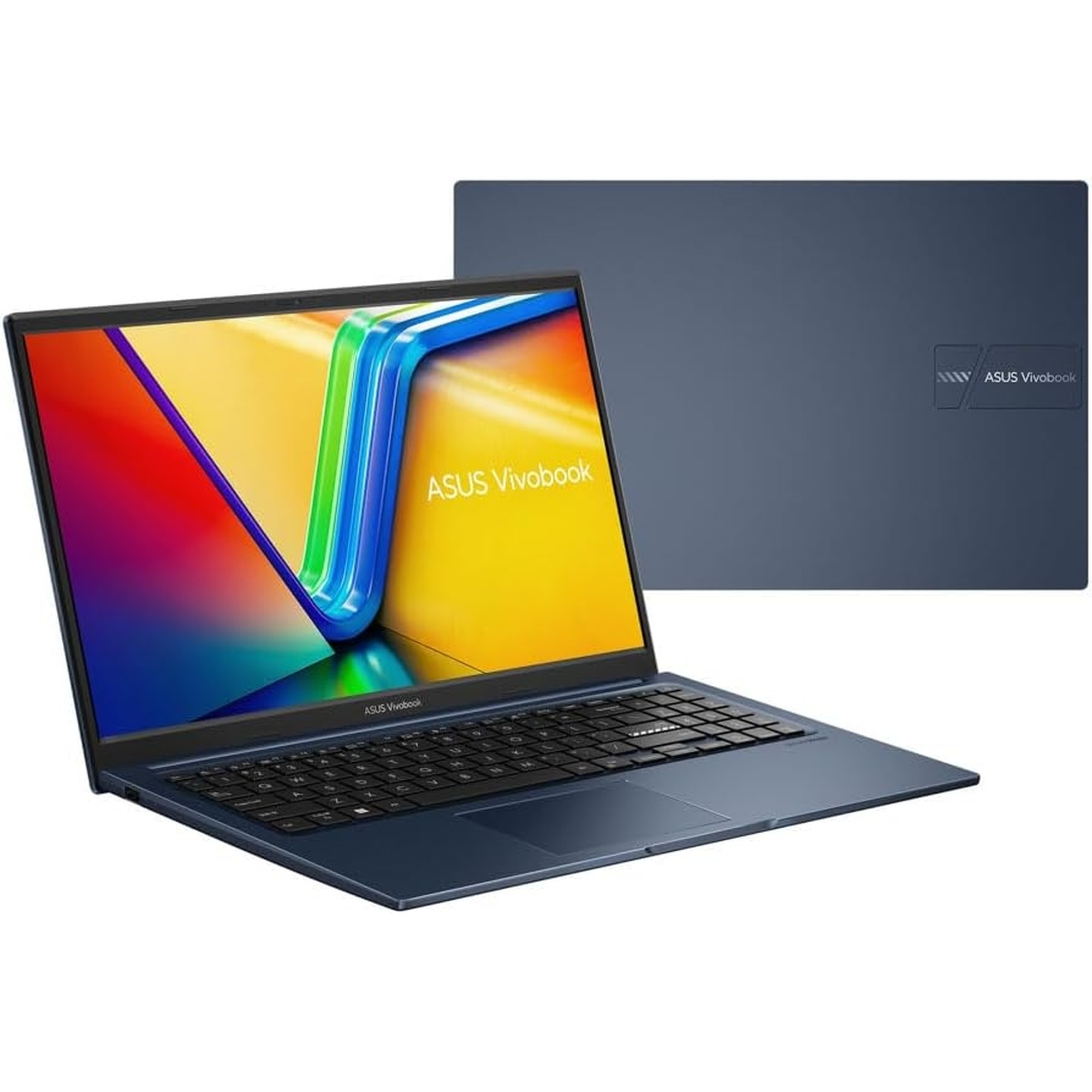 Açık mavi bir ASUS Vivobook dizüstü bilgisayar, arka planda kapalı kapağıyla gösteriliyor.
